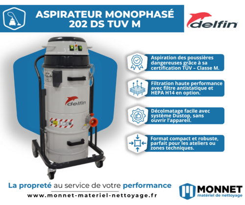 Aspirateur industriel Delfin 202 DS TUV M : performance, sécurité et filtration pour vos poussières fines