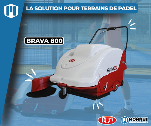 Balayeuse pour terrain de padel : d&eacute;couvrez la RCM BRAVA 800 avec kit sp&eacute;cial padel